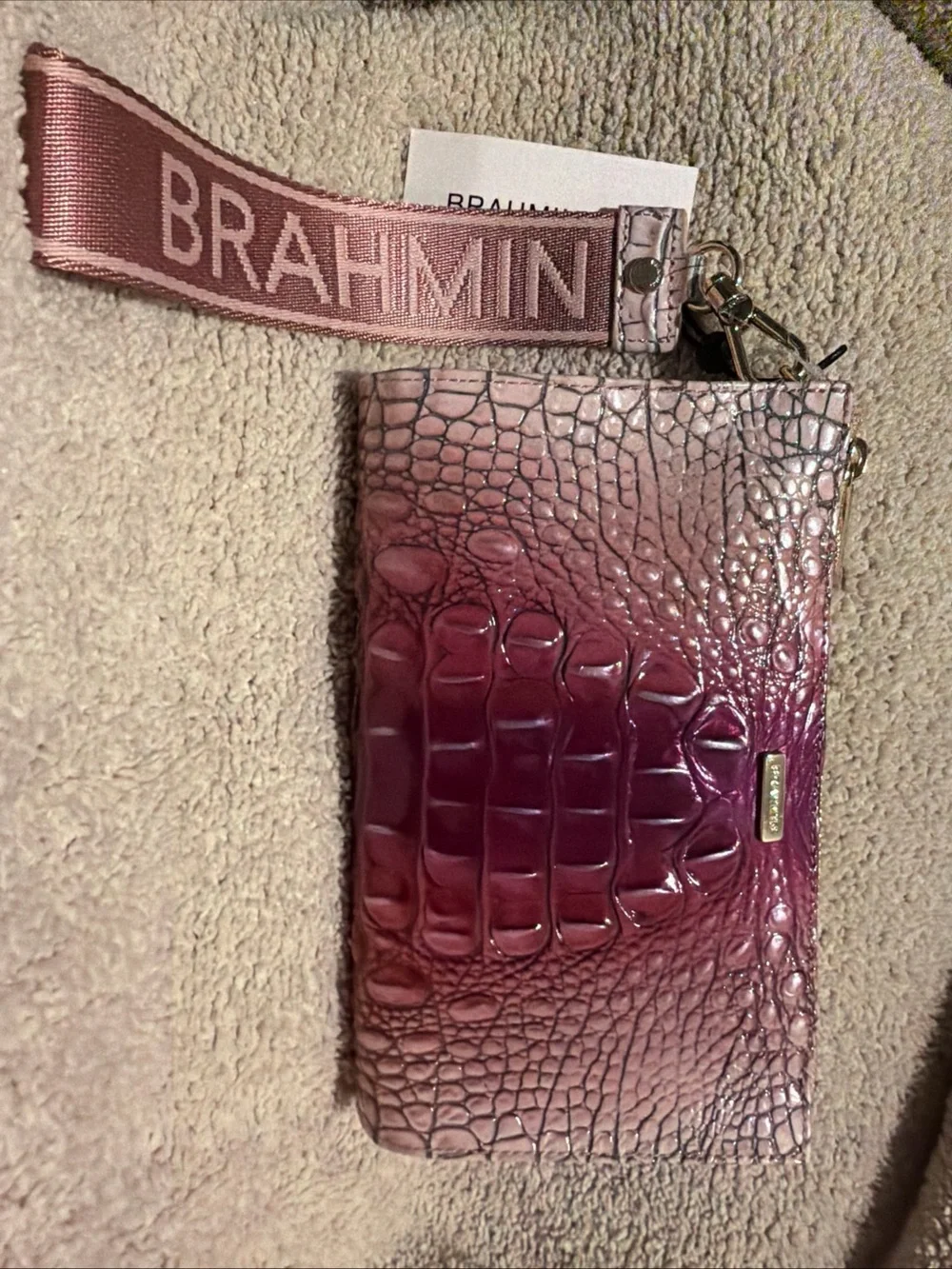 Brahmin Ombre Pink Croc-Embossed Wristlet